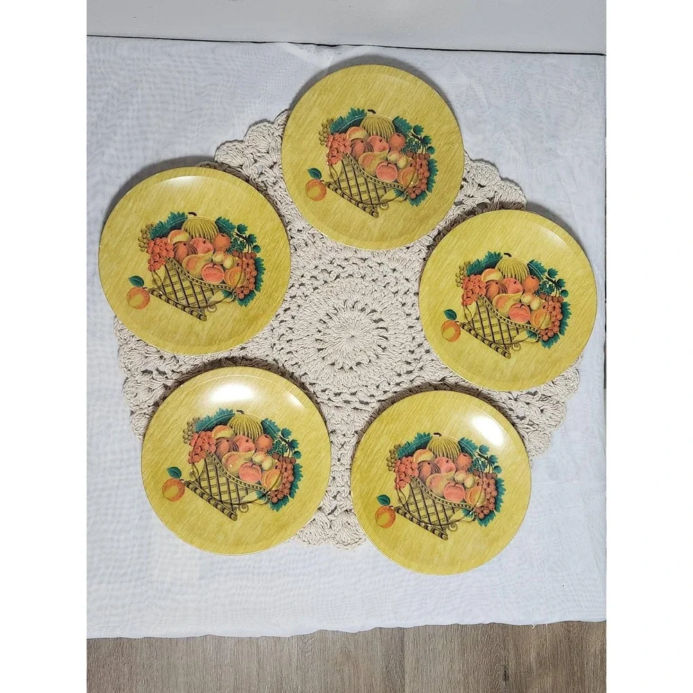 Vintage Allied Chemical Melamine Fruit Basket Dinner Plates Set of 5 Yellow 10in